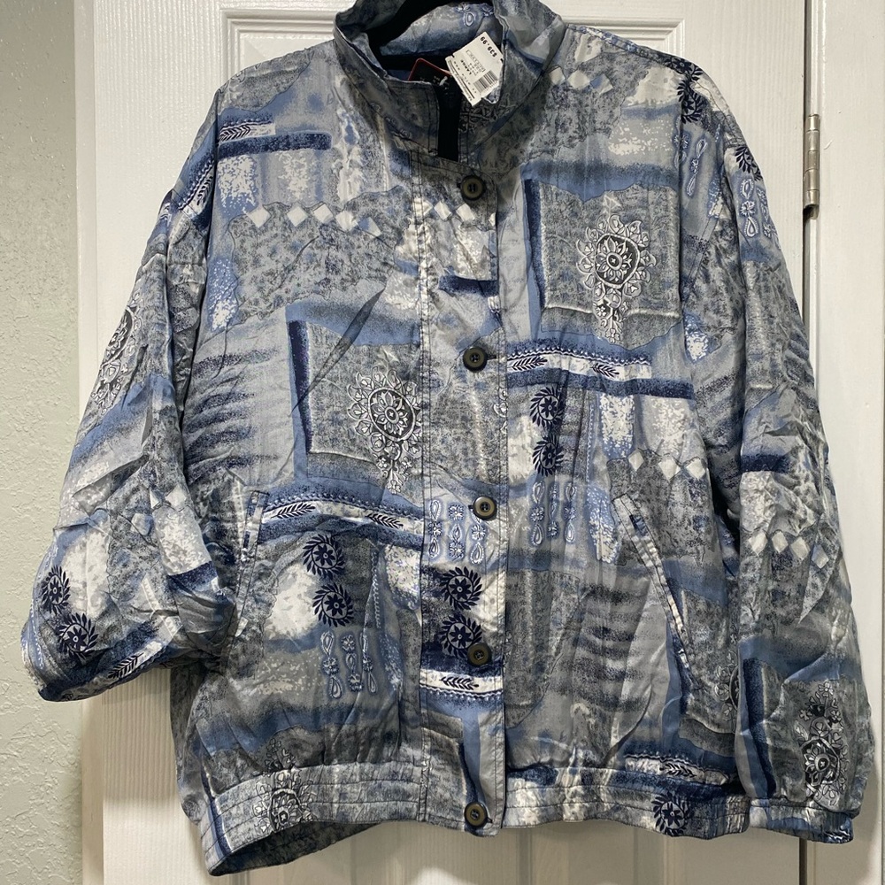 Vintage 100% Silk Stunt Sports Bandana Blue Button Full Zip Bomber Jacket Large